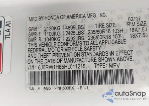 2017 Honda Cr-V Ex-L/Ex-L Navi from USA, damaged, VIN 5J6RW1H85HL011215